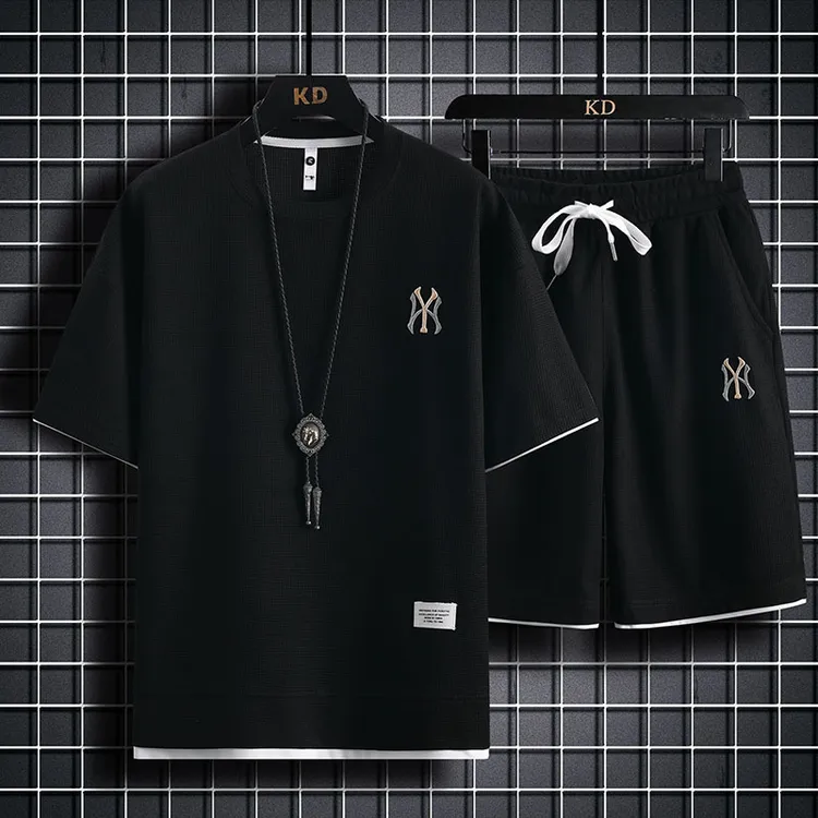 短袖男款T恤男生夏季新款时尚两件套刺绣华夫格潮流短袖休闲运动