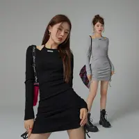 001J【金拐子专属】CHUU修身抽绳辣妹挂脖性感连衣裙-F