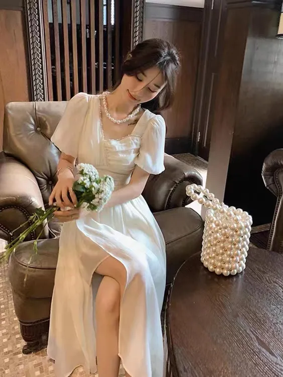 夏季女款可甜可盐气质洋气白色雪纺港味复古chic连衣裙