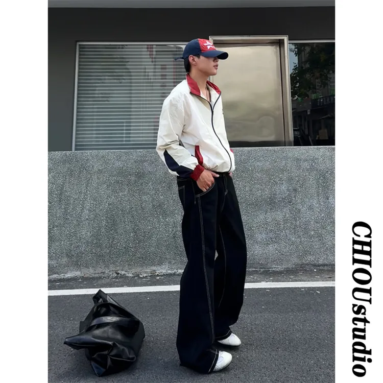 辑明线设计感黑色原牛牛仔裤男款秋季潮牌高级感宽松显瘦阔腿裤子