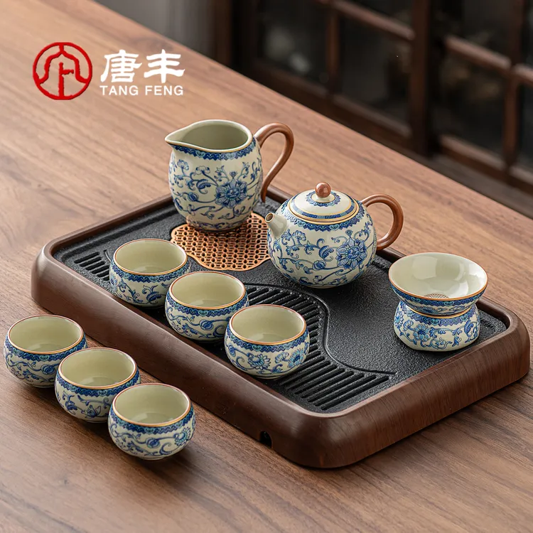 唐丰青花瓷汝窑功夫茶具套装年轻人泡茶专用家用茶壶茶杯茶台一套