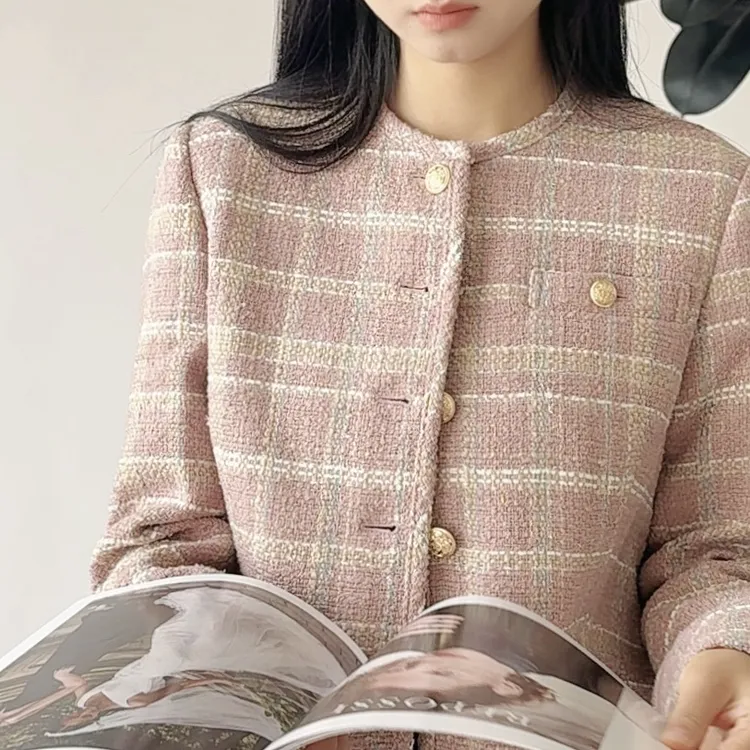 原单 秋季新款轻奢洋气高级感粉色粗花呢圆领小香风外套1397-b