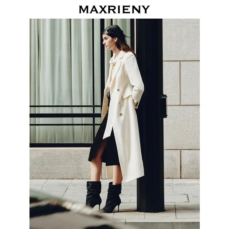 MAXRIENY冬热力感双面呢轻奢双排扣白色毛呢绵羊毛外套大衣长款