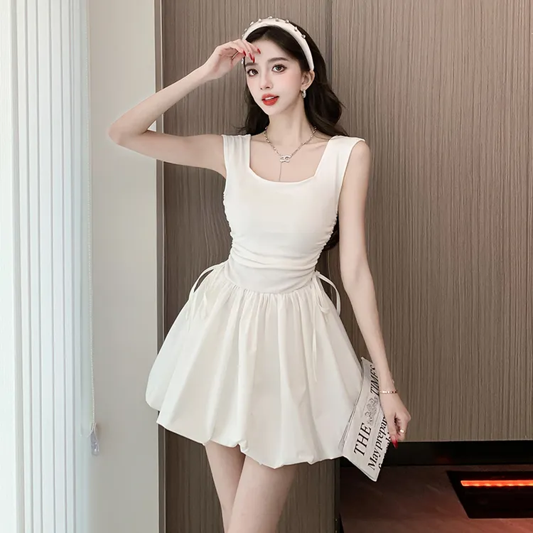 法式芭蕾千金风纯色方领抽绳绑带收腰显瘦夏季新款甜美短款花苞裙