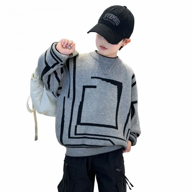 ff大童简约设计款毛衣圆领潮流加厚儿童打底衫加绒上衣潮冬季针织