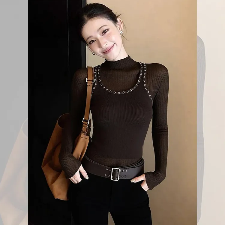 独特漂亮内搭棕色小衫打底两件套针织衫女秋冬洋气高贵半高领上衣