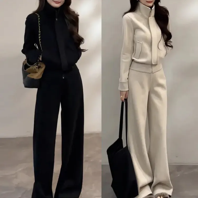 时尚拉链长袖立领卫衣气质休闲阔腿裤冬季休闲加厚套装