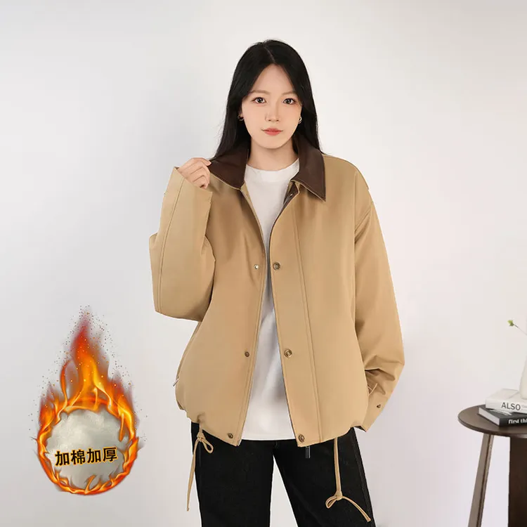 美式复古巴恩风拼接皮领假两件棉服外套男女秋冬季休闲风工装上衣