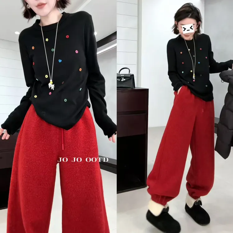 玖玖 2025冬季加绒厚款摇粒绒卫裤显瘦百搭束脚休闲裤 2512C8789