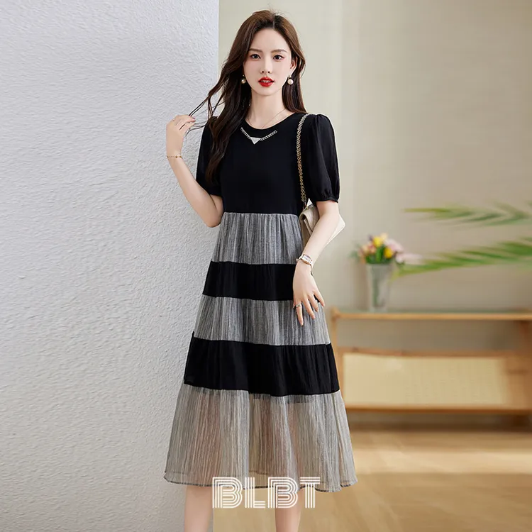 夏天圆领中长款拼接连衣裙女装大码遮肉气质显瘦高级感裙子