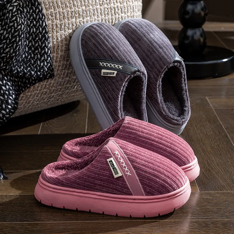 冬天棉拖鞋家用室内情侣条纹棉拖鞋女加绒防滑保暖加厚底棉拖鞋男