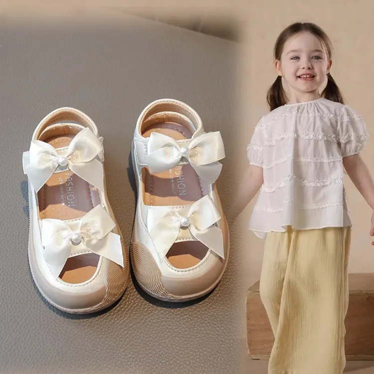 ABC女童包头凉鞋夏款小蝴蝶结甜美风女宝宝公主鞋镂空小童沙滩鞋