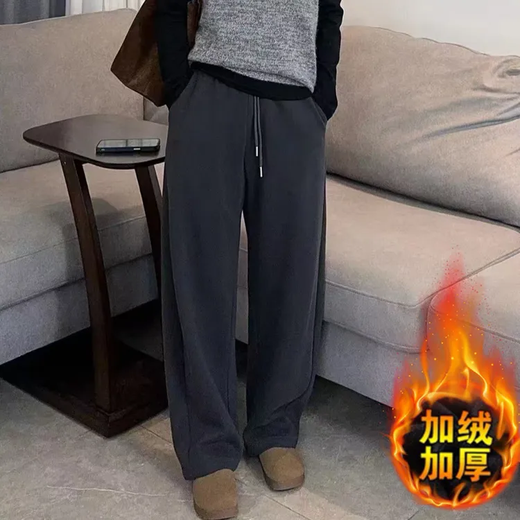 加绒抽绳弯刀卫裤女秋冬中高腰慵懒风宽松运动裤休闲阔腿裤微弯刀