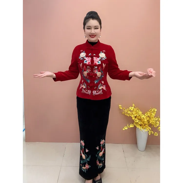 秋冬新不加绒刺绣花短外套中老年妈妈宽松上衣唐装国风女装分开买