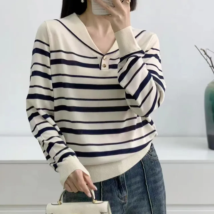 衣念染染❤️时尚潮流条纹春秋季长袖莱赛尔天丝海军领减龄针织衫