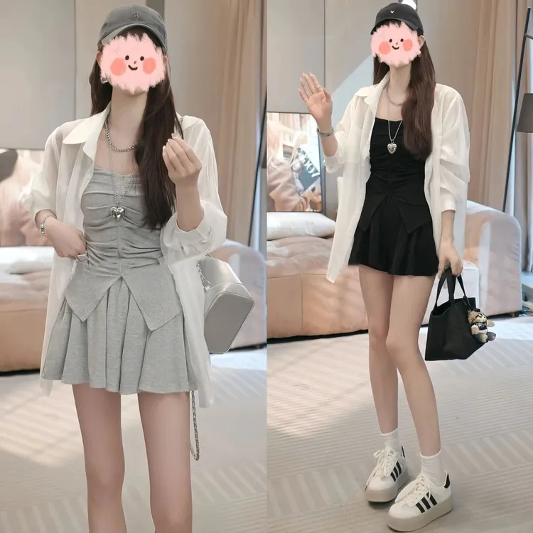 夏季韩版休闲减龄简约绝美防晒衬衫修身显瘦吊带百搭短裤三件套装