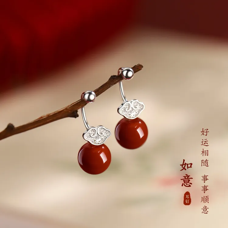 足银耳饰 999纯银红珠如意耳钉过新年2026马本命年女款中国风耳环