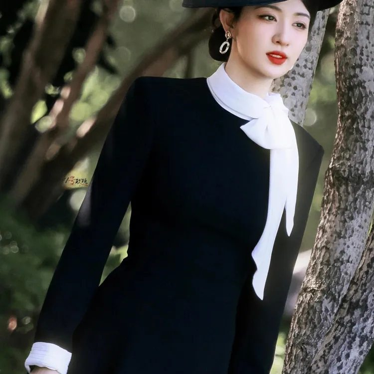 王楚然明星同款赫本风黑色修身连衣裙女高级感小众长款裙子