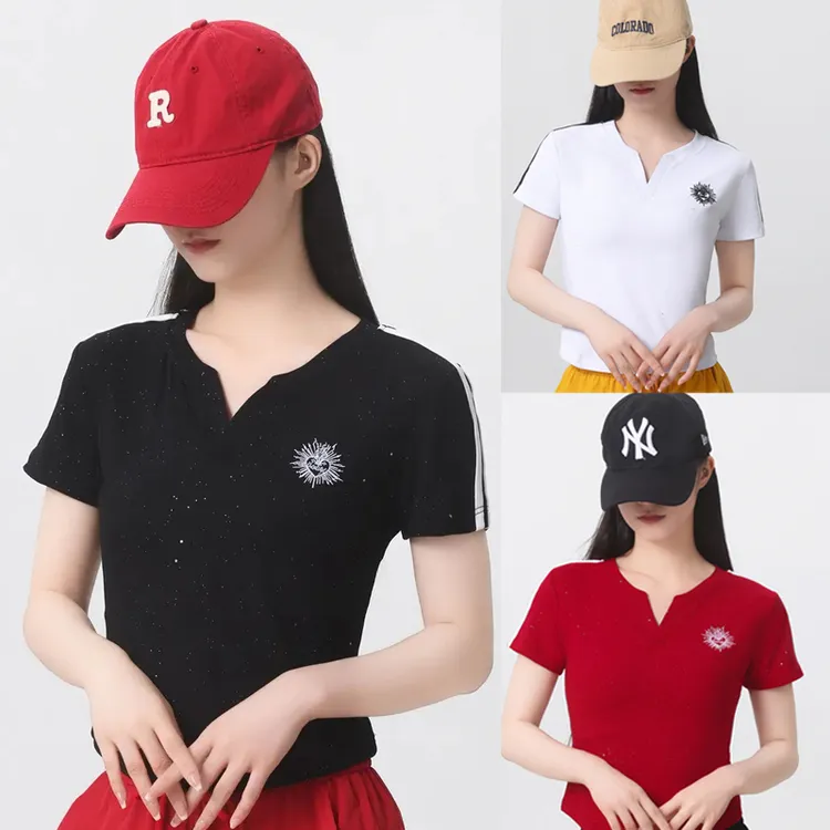夏季新款太阳花刺绣V领短袖双杠银闪T恤修身显瘦上衣【领口带包边】
