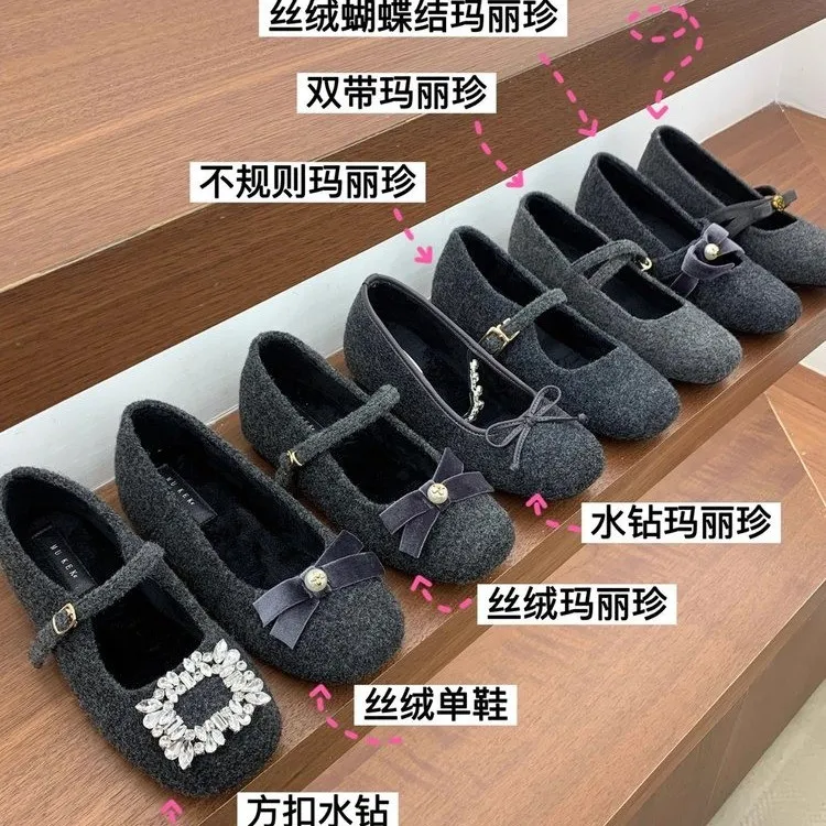 内增高灰色加绒毛毛鞋时尚格蕾系穿搭网红博主玛丽珍高跟加绒棉鞋