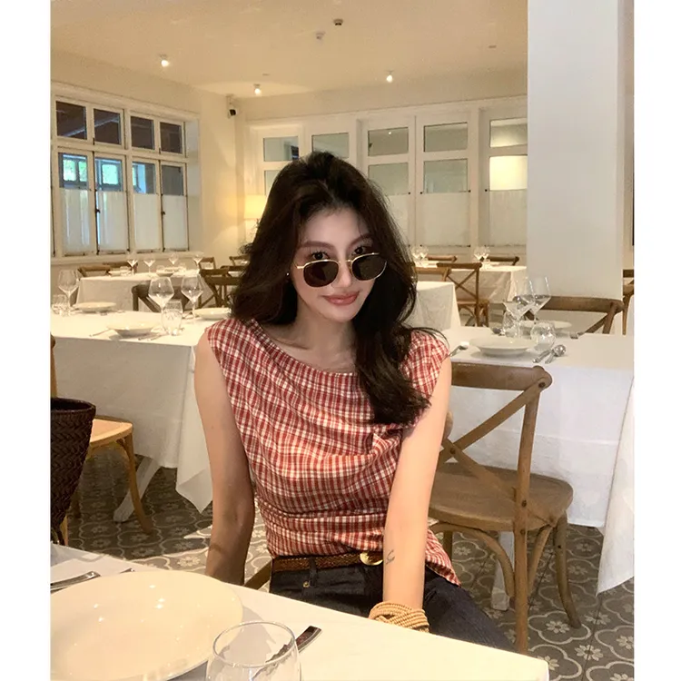 【ALONE SAVOR】龍喜儿 黎安娜 复古气质修身格子上衣t恤J276