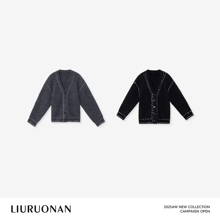 LIURUONAN 25WIN【松弛帧】撞色明线V领毛衣秋冬宽松休闲针织开衫女