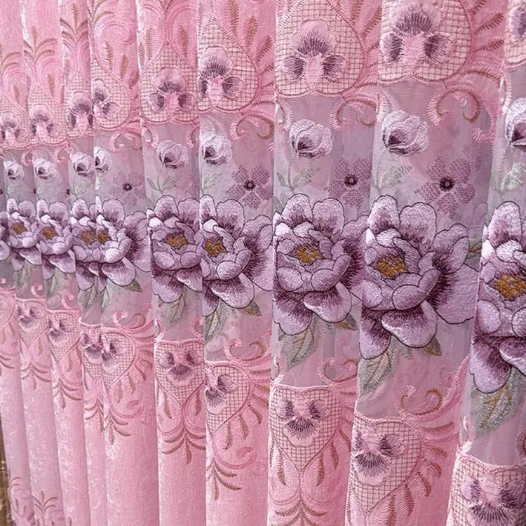 粉色雪尼尔牡丹绣花小镂空客厅阳台卧房窗帘