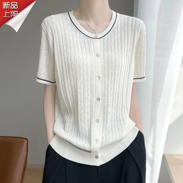哥弟阿玛施正品2025夏季新款天丝亚麻圆领短袖针织衫女小众设计感