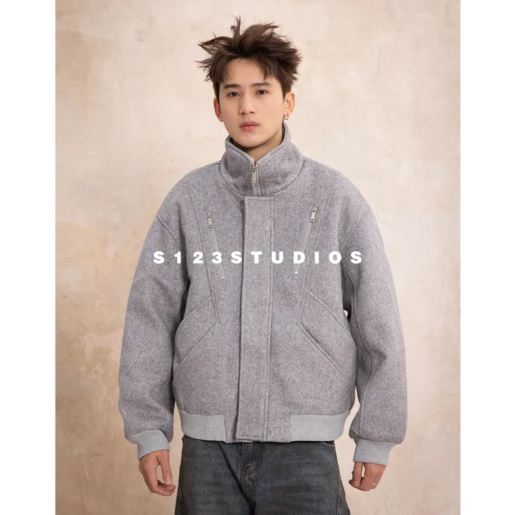 S12390白鸭绒 美式解构拼接拉链设计立领羽绒服男加厚情侣外套