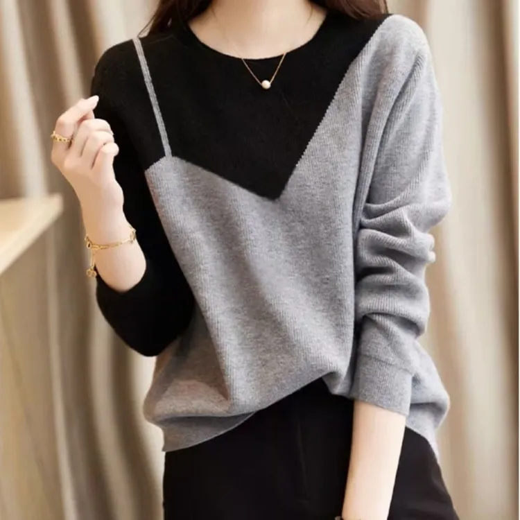 大码女装秋冬季韩版撞色长袖假两件圆领针织打底衫女装针织衫毛衣