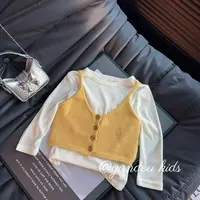 【真两件】秋上新女童黄色针织背心开扣衬衣长袖两件套洋气