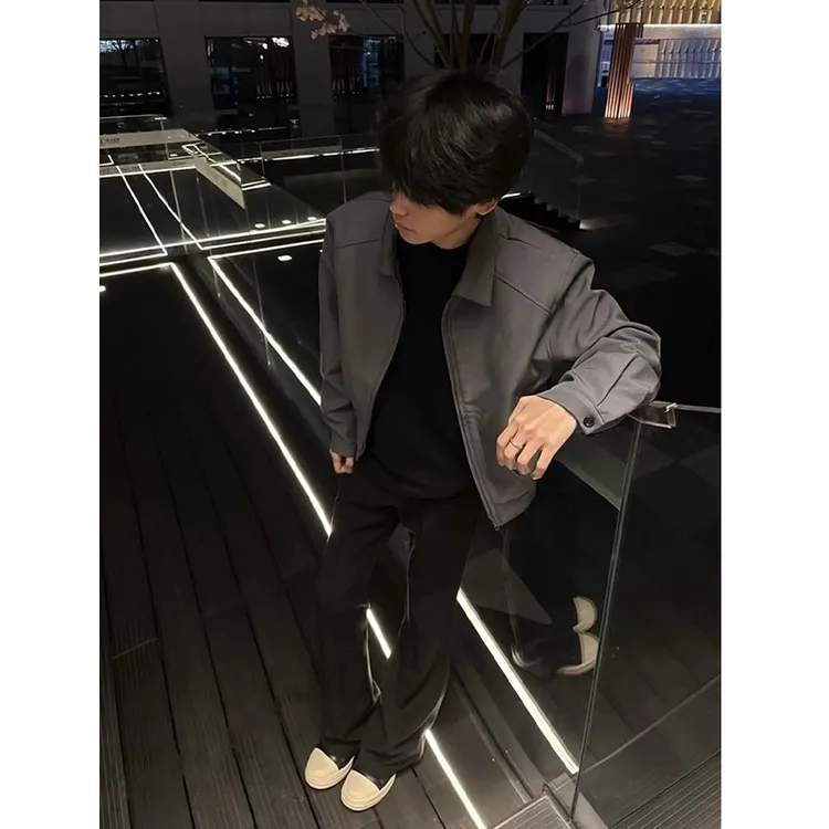 美式cleanfit灰色短宽行政夹克男春秋短款棒球高级感痞帅翻领外套