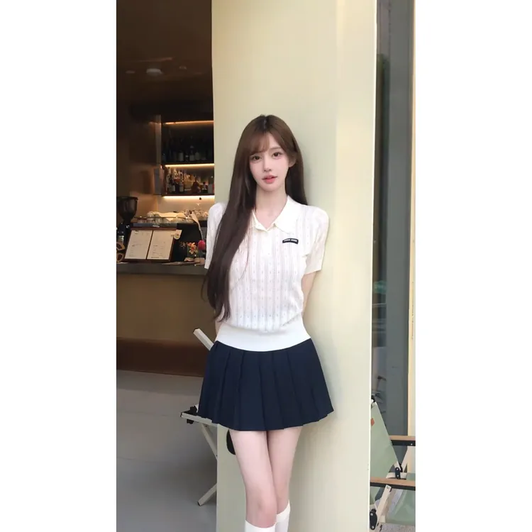 MARIE.COCO韩版时尚百搭学院风设计感POLO领短袖上衣短裙两件套女