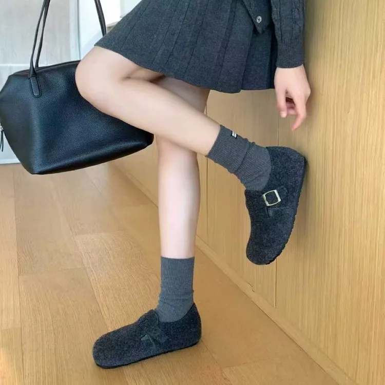 毛毡加绒复古圆头女款一脚蹬保暖秋冬勃肯鞋