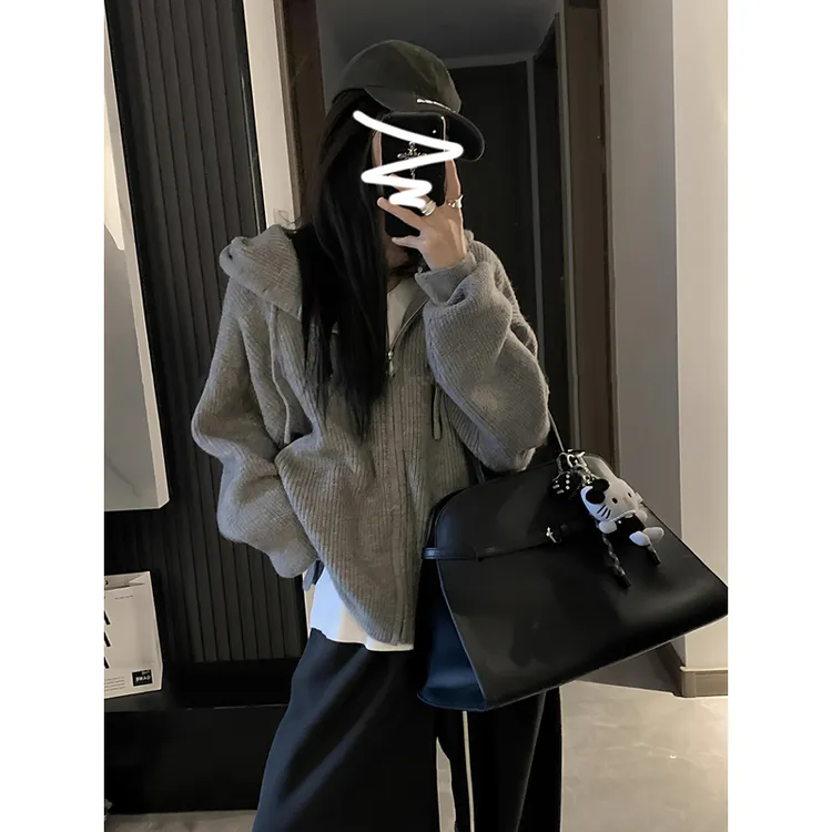 韩系连帽拉链毛衣女秋冬2025新款内搭慵懒高级感针织开衫卫衣