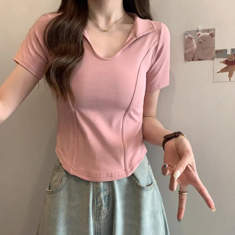 polo领粉色正肩短袖t恤女2025夏季新款修身小个子短款甜辣妹上衣