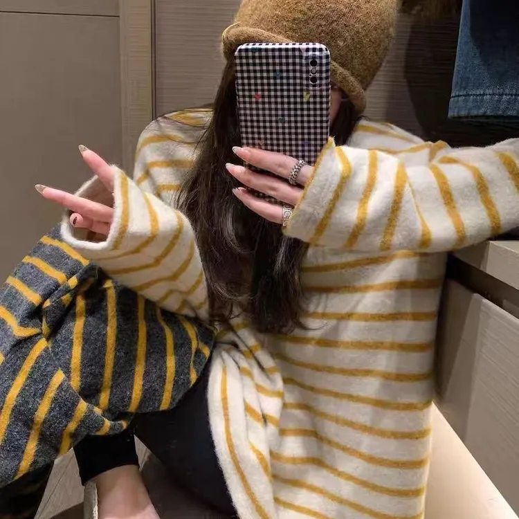 松弛感条纹长袖磨毛内搭秋冬新款打底衫加厚软糯t恤慵懒风上衣服