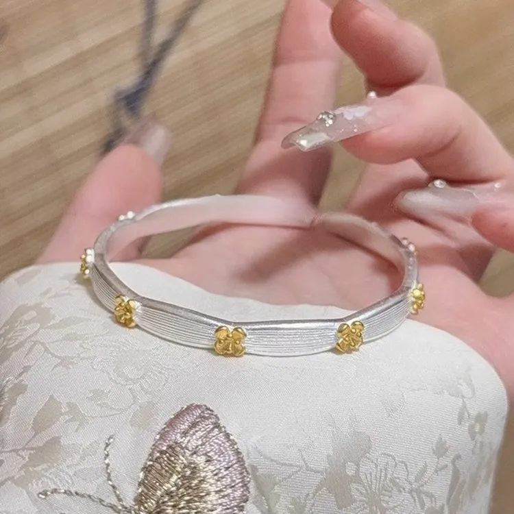 足银手镯 足银999.9银手镯女描金桂花实心开口银镯子情人节送女友