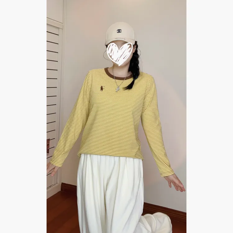 超软糯刺绣条纹双面绒上新双面磨毛超柔条纹正肩长袖撞色保暖穿搭