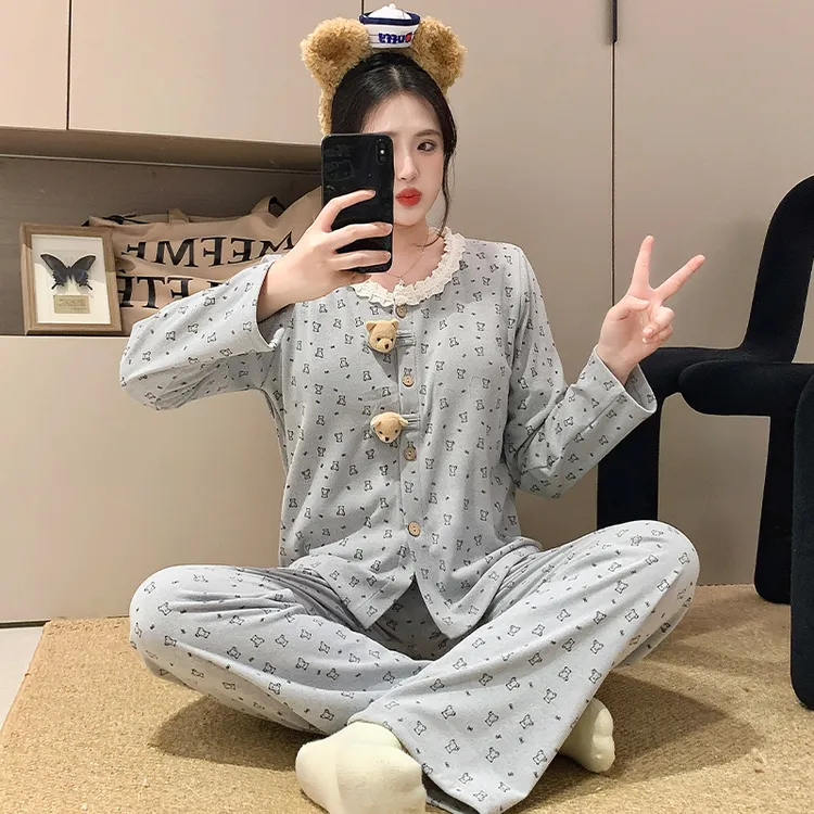 新款德绒春秋季带胸垫睡衣女长袖开衫卡通可爱小熊套装家居服秋冬