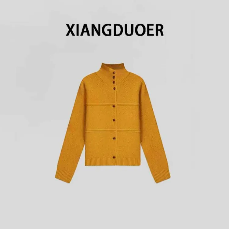 【金秋暖橘】2026秋冬百搭立领单排扣毛针织衫小众设计感百搭上衣