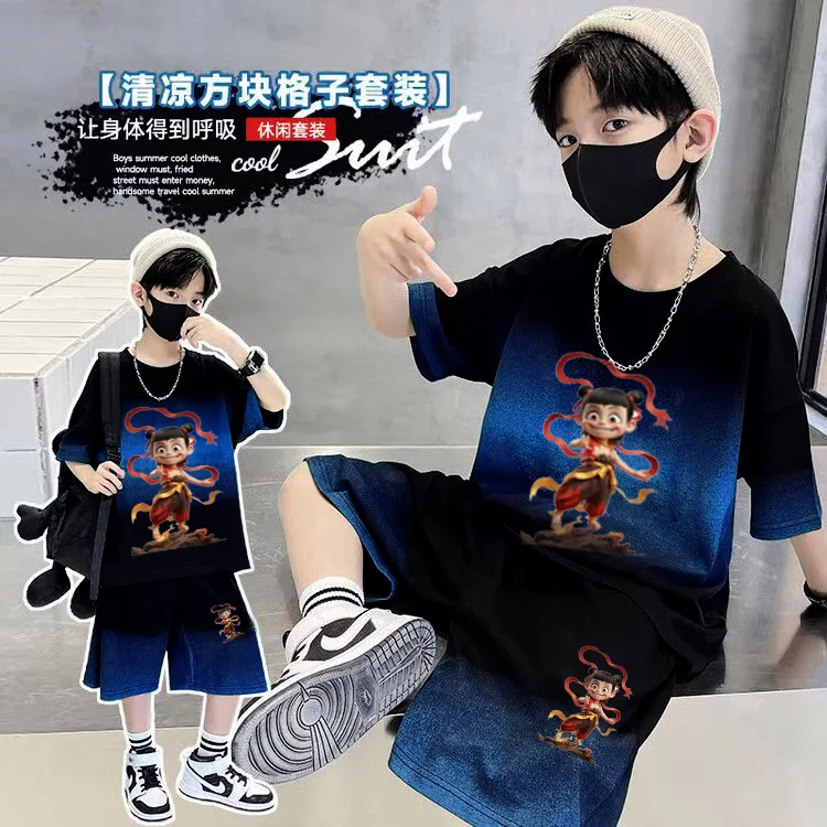 2025新款哪吒高能感帅气炸街男孩休闲宽松运动潮男童夏季短袖套装