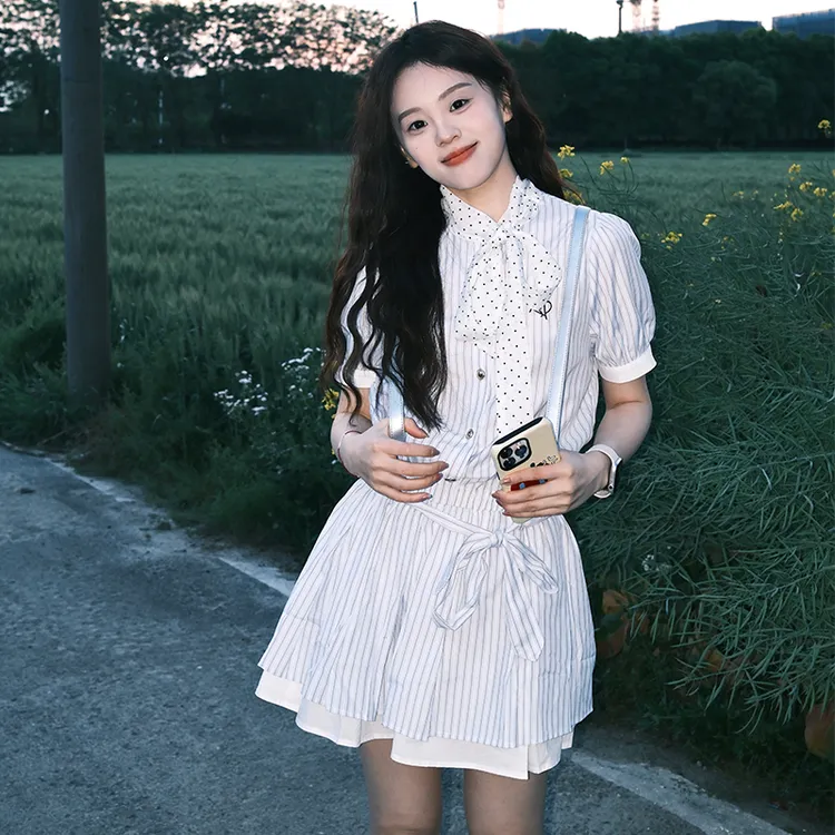 NEOTCG夏季波点条纹短袖裙子连衣裙短裙气质学院风2025新款女