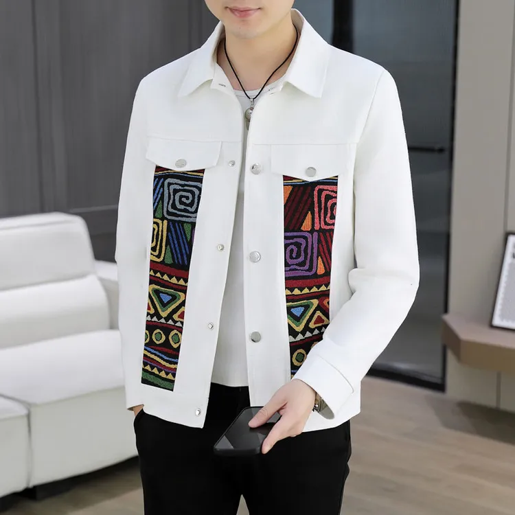 秋季新款翻领拼色休闲牛仔夹克男青年韩版修身高级设计感网红外套