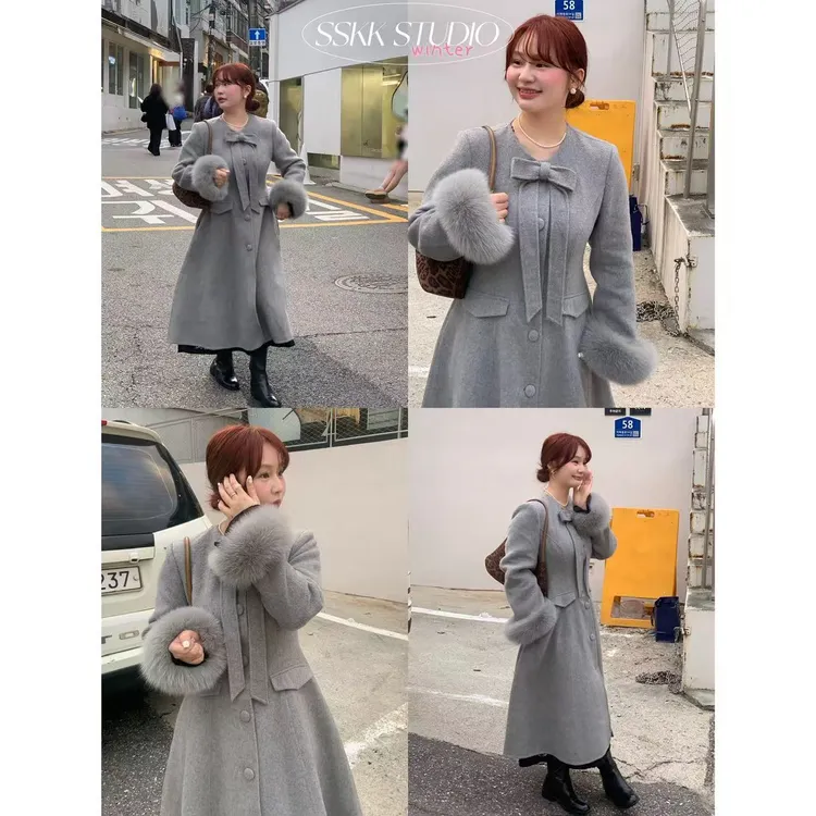 KMZY/KMZY山_山【温柔大女主】微胖韩系温柔蝴蝶结领双面呢外套大衣