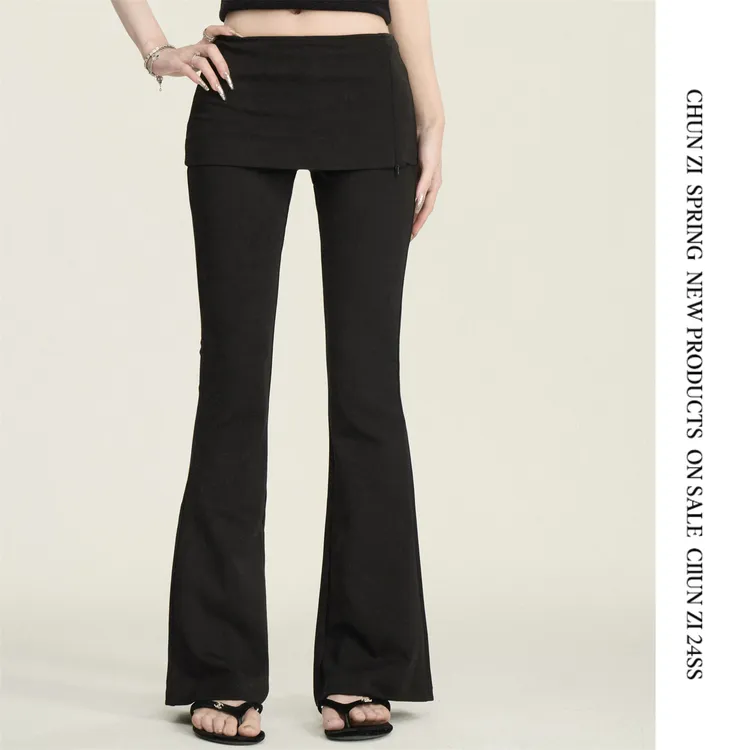 【CHUN ZI】25春夏 假两件拉链开衩修身喇叭裤裙休闲裤