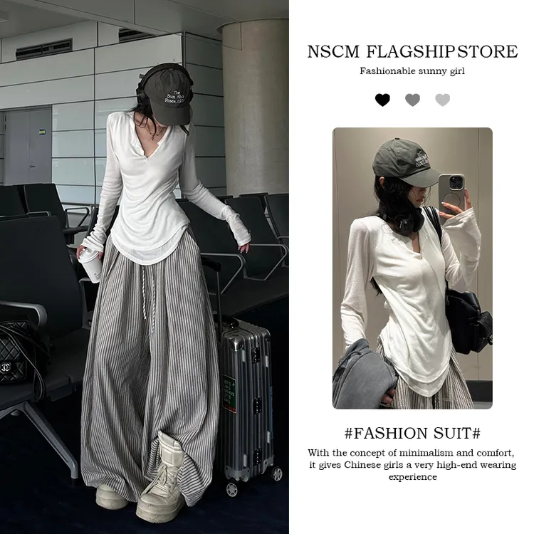 NSCM夏季新款纯欲慵懒风女装韩式辣妹极简收腰长袖T恤条纹休闲裤