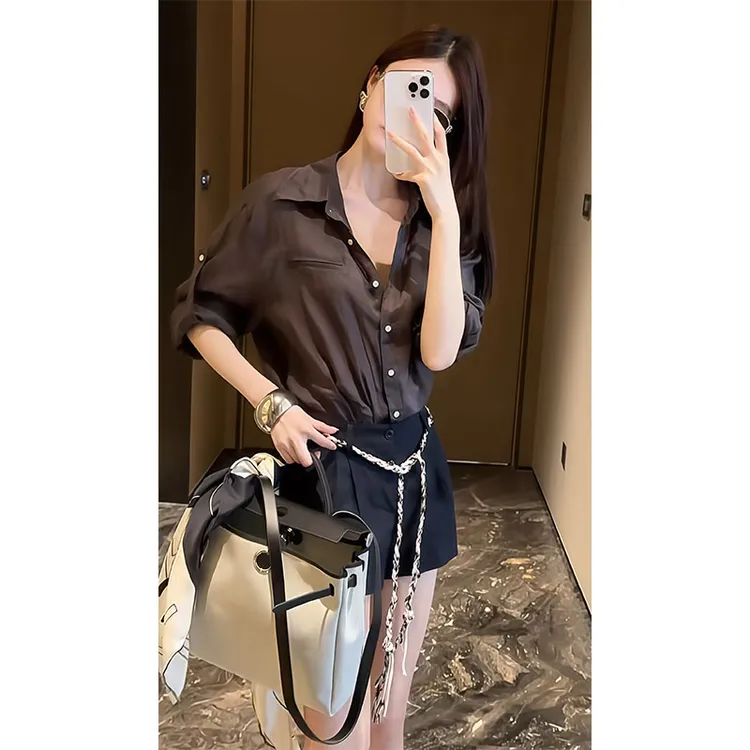 辣妹纯欲夏季新款洋气设计感长袖衬衫上衣高腰直筒显瘦黑色短裤女