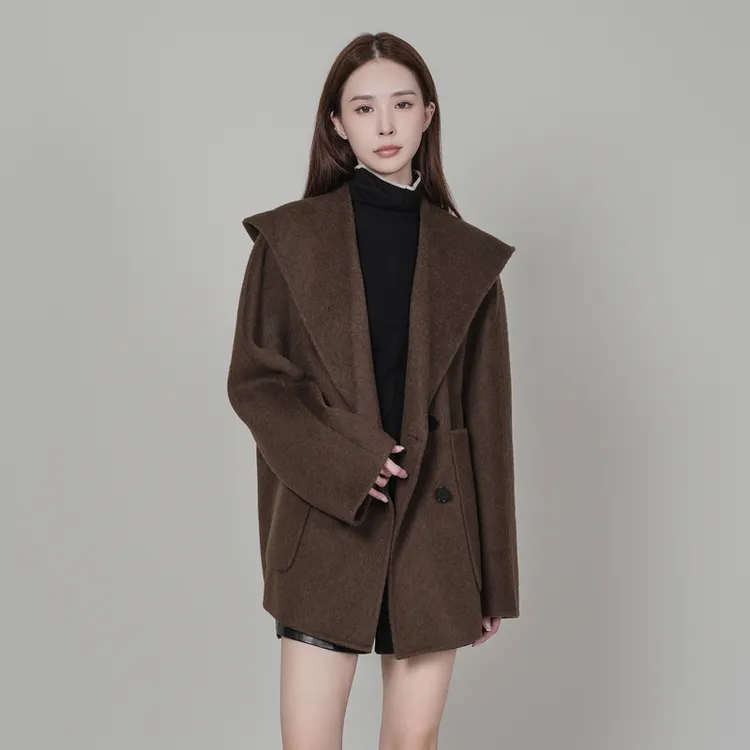 XG雪歌棕色大翻领宽松显瘦毛呢外套秋冬新款通勤气质百搭呢子上衣