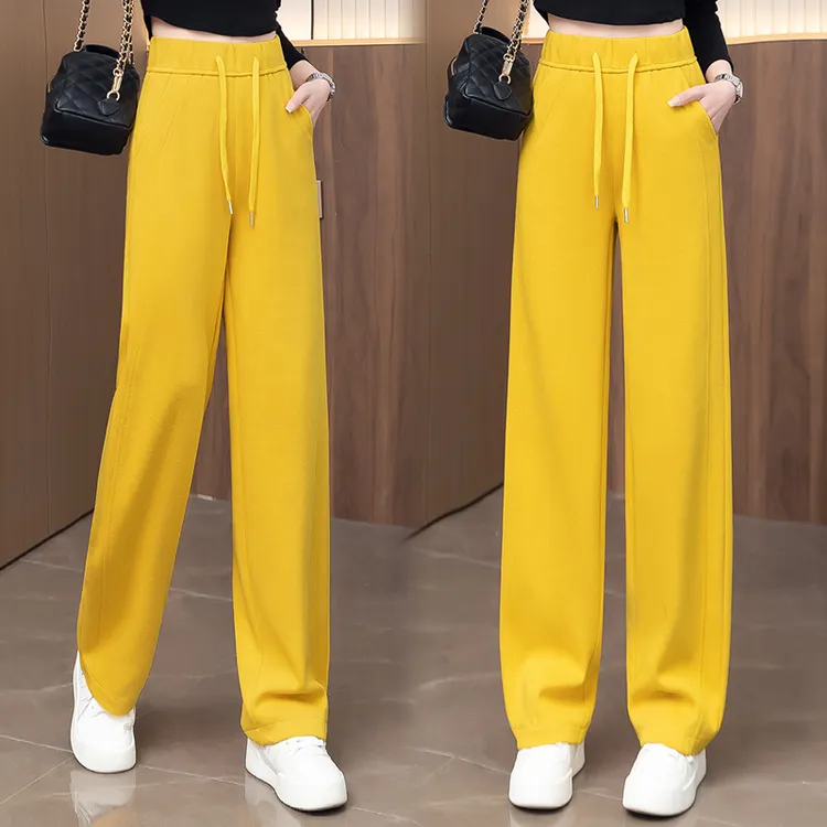 黄色阔腿香蕉裤女2025春秋冬新款加绒松紧高腰休闲直筒弯刀运动裤